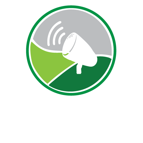 Green circle with white speaker emitting sound waves; text