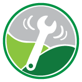 White wrench shaking, green circle, black outline.