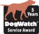 DogWatch 5 Year Service Award badge: Brown dog silhouette over a black square, white text reads