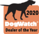 DogWatch Dealer of the Year 2020 award logo: silhouette of a dog on an orange badge.