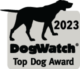 DogWatch Top Dog Award 2023 logo: black dog silhouette over a silver-gray badge with the text