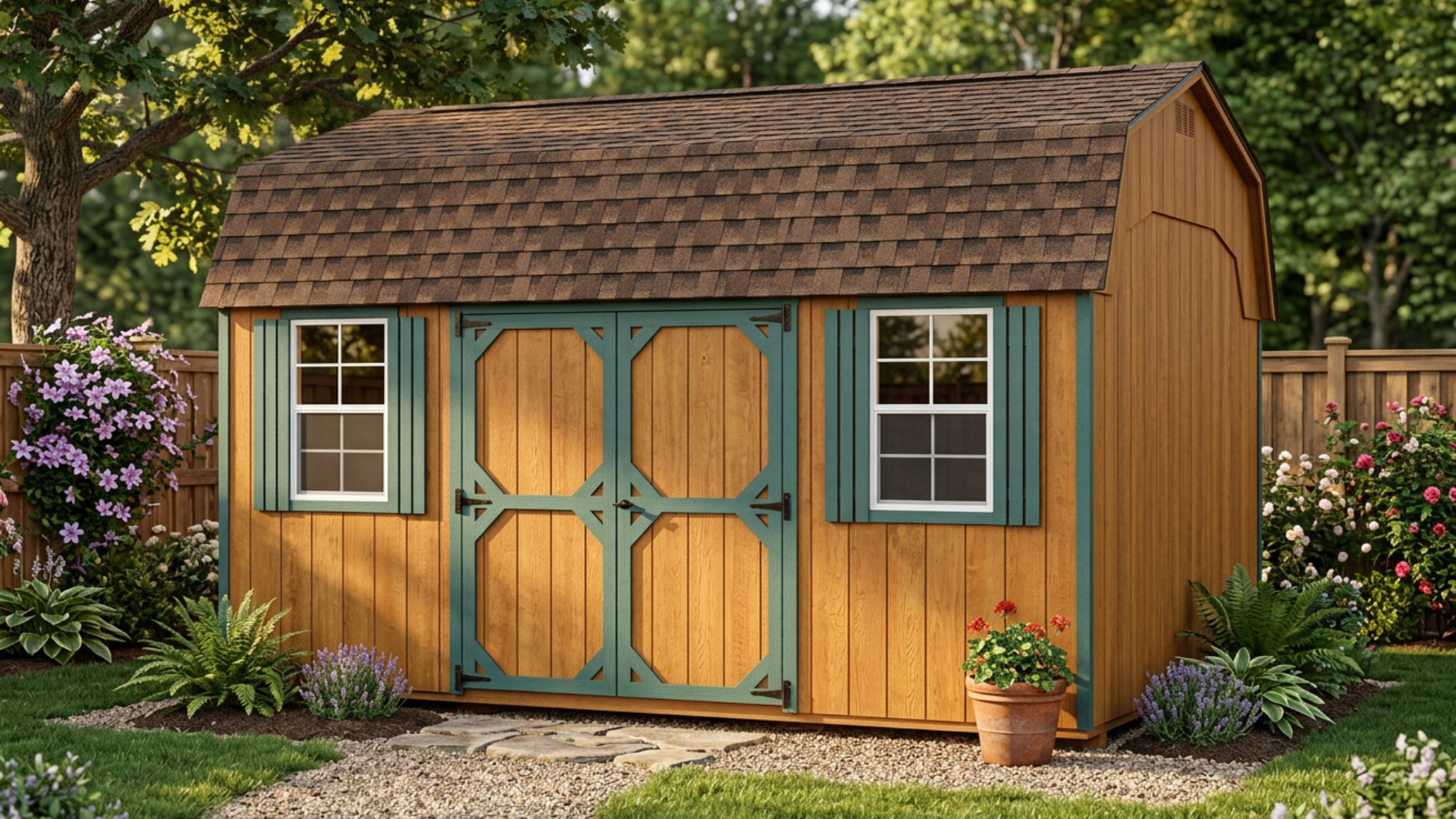 A tan wooden shed with a brown shingled gambrel roof and green trim, set in a lush garden with flower beds.