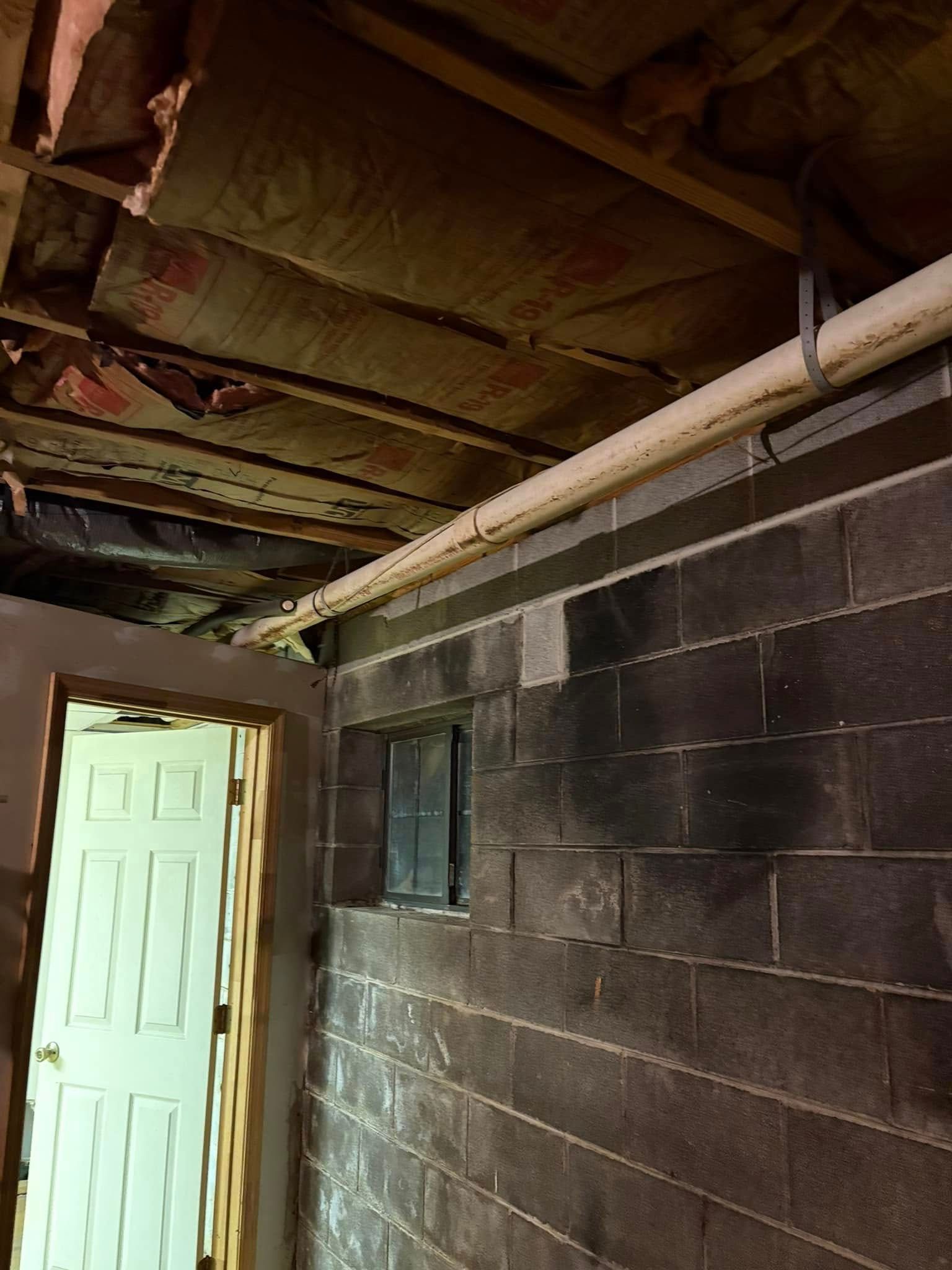 A basement interior featuring a cinder block wall, a small window, a door, and exposed ceiling insulation.