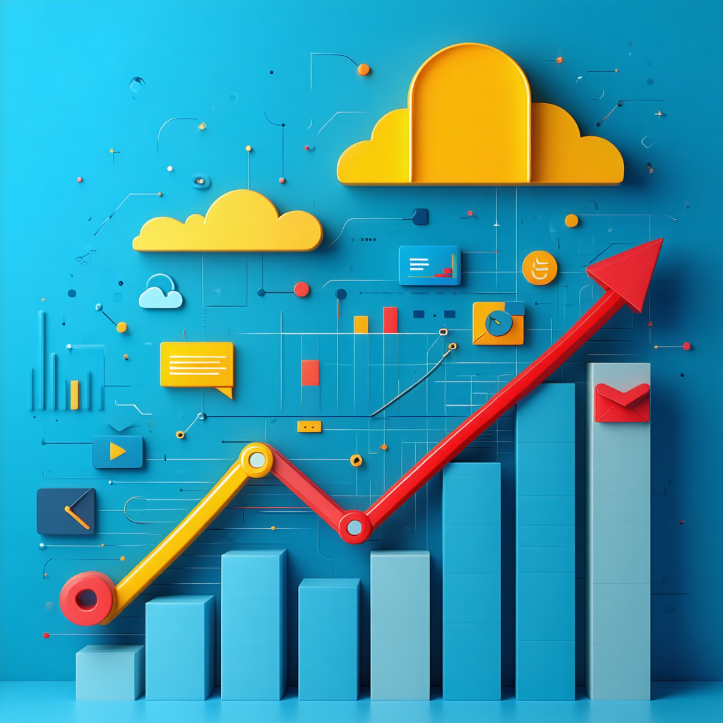 A 3d rendering of a graph with an arrow pointing up in the clouds.