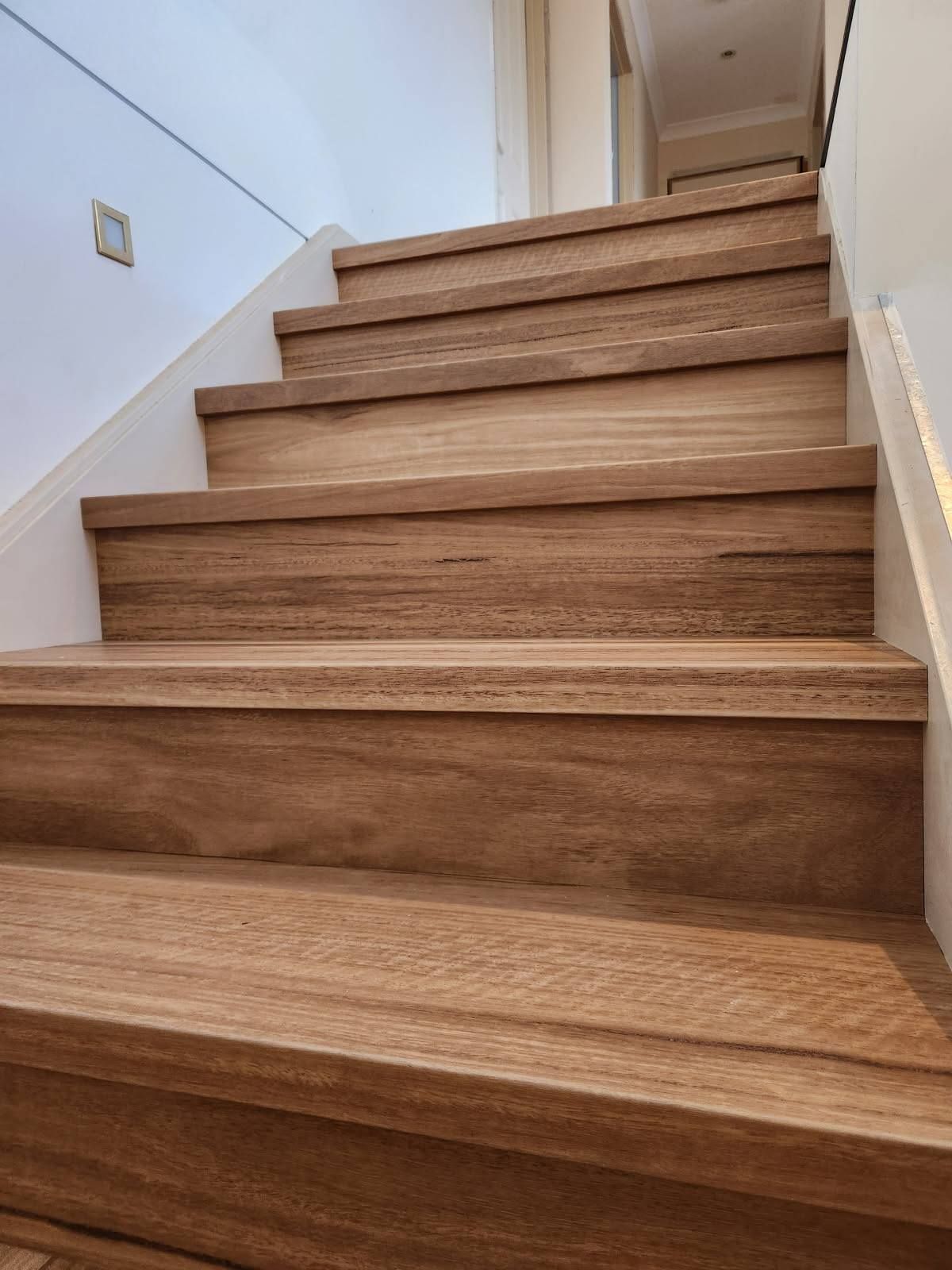 Wooden Staircase with Brown Steps and White Trim, Ascending — Canberra Floor Coverings in Queanbeyan West, NSW