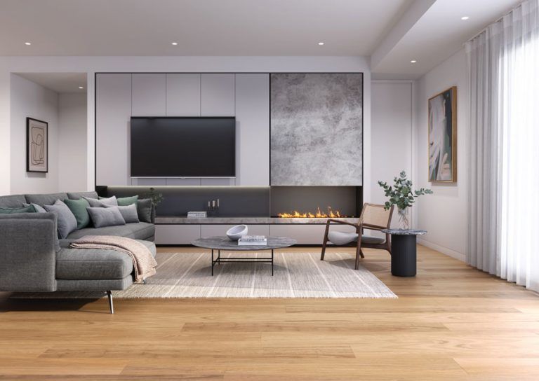 A Living Room With a Couch, Chair, Television and Fireplace — Canberra Floor Coverings in Googong, NSW