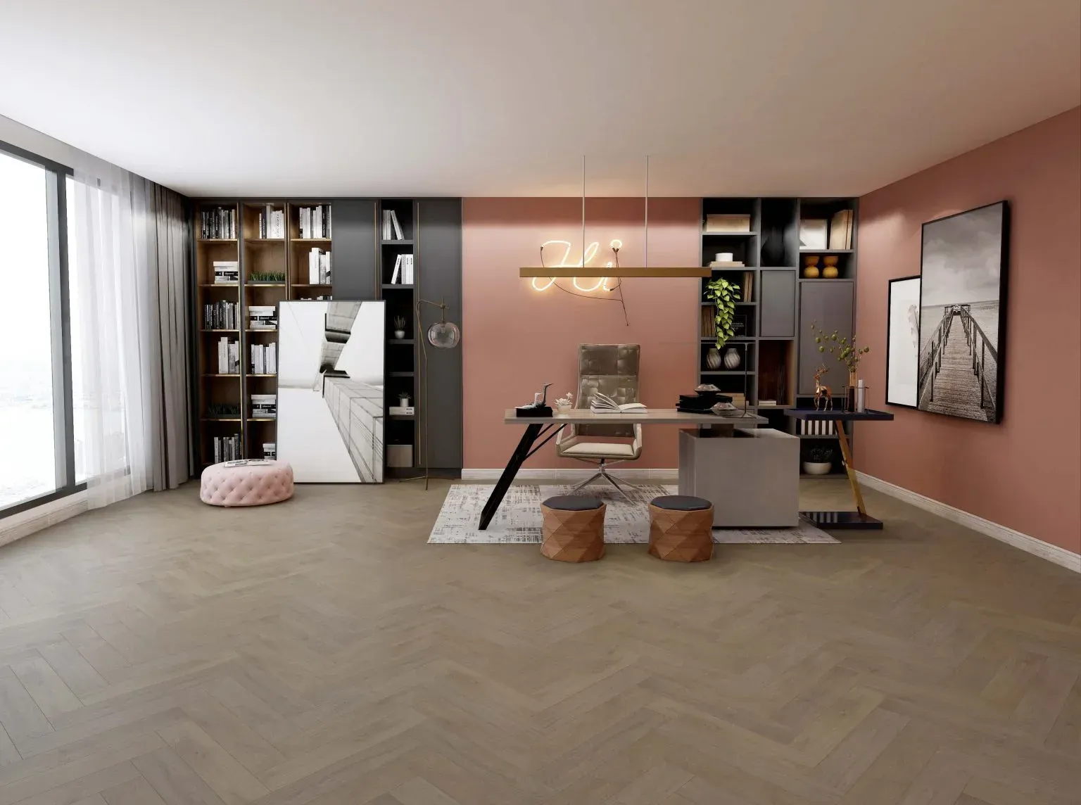 Modern Home Office with Pink Wall, Desk, Bookshelves — Canberra Floor Coverings in Queanbeyan West, NSW