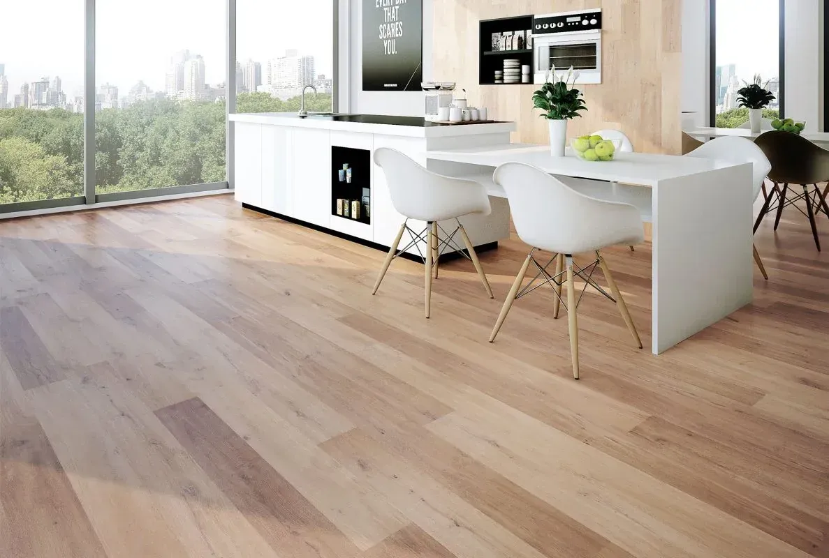 Modern Kitchen with Light Wood Floors, White Cabinetry — Canberra Floor Coverings in Queanbeyan West, NSW