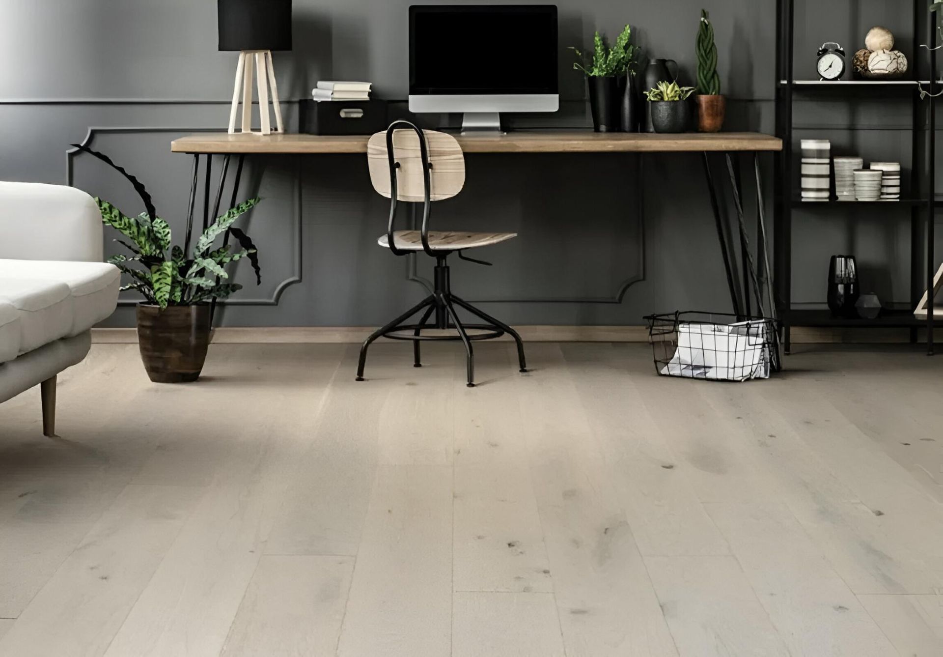 Light Wood Floor in A Home Office with Desk, Chair, Plants — Canberra Floor Coverings in Queanbeyan West, NSW