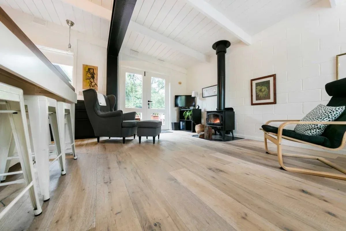 A Cozy Living Space with Wood Floors, a Fireplace, and Seating — Canberra Floor Coverings in Queanbeyan West, NSW