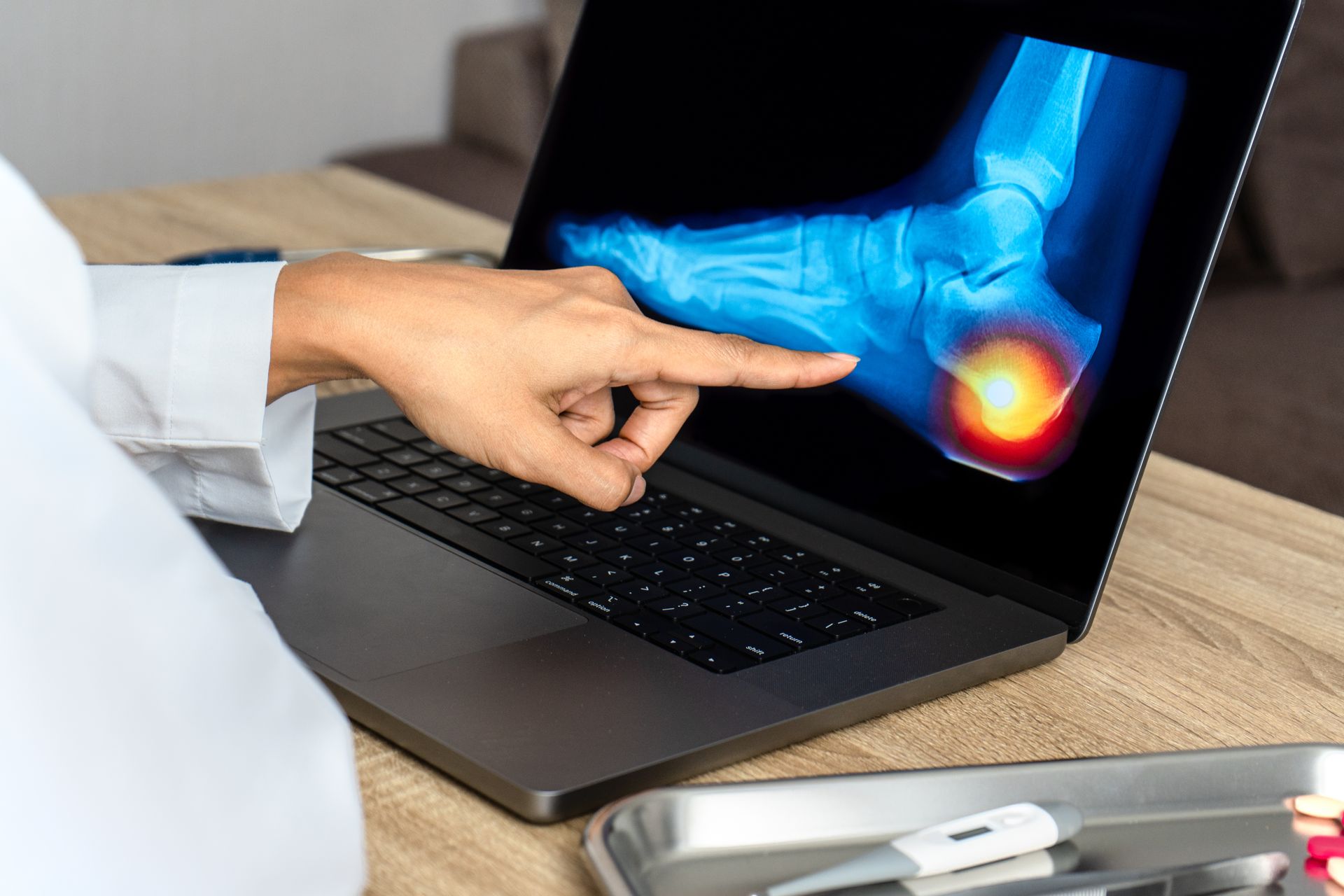 Doctor pointing to X-ray on laptop, highlighting foot pain with red color.