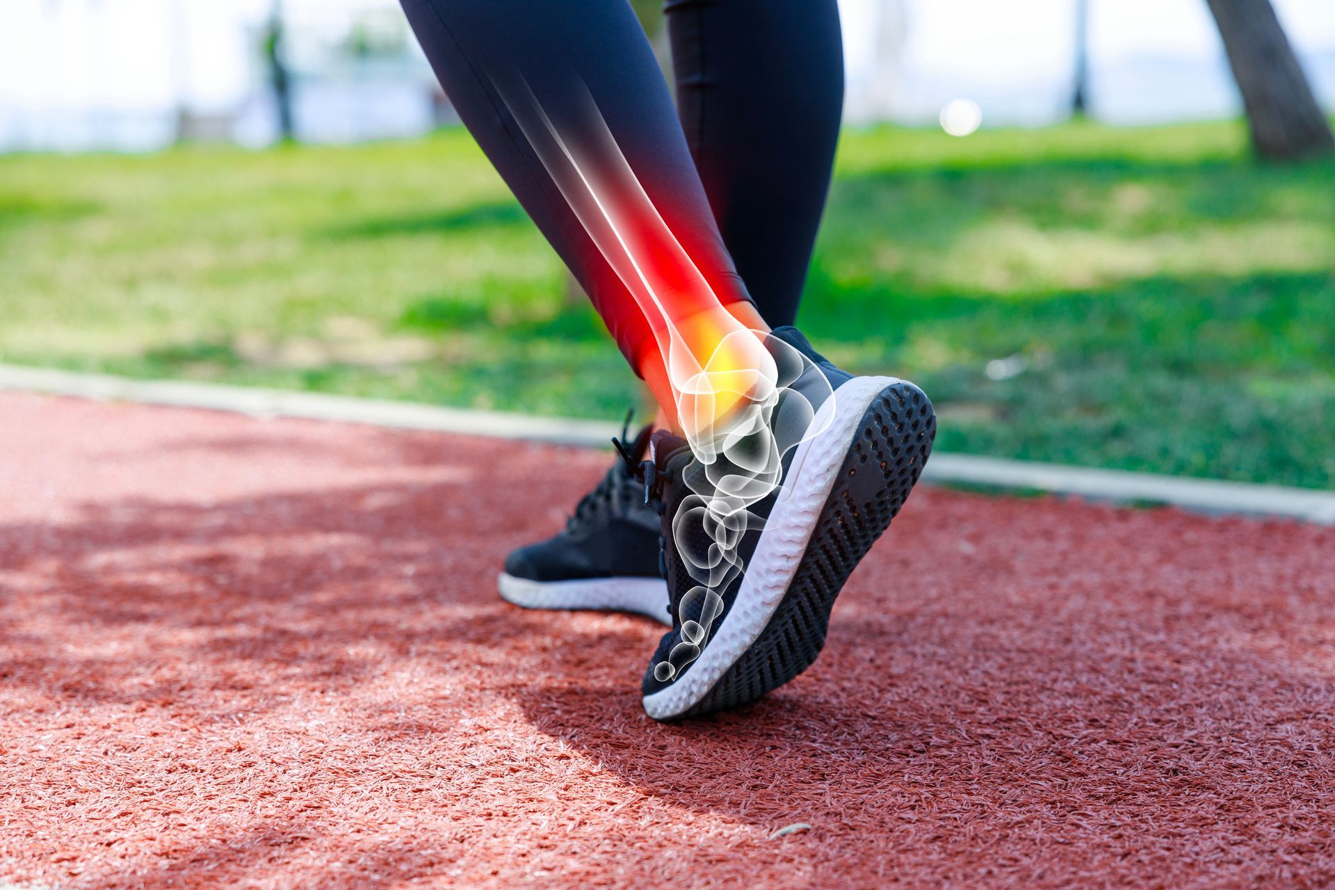 Person walking on a track with highlighted ankle bone and pain area in red, suggesting injury.