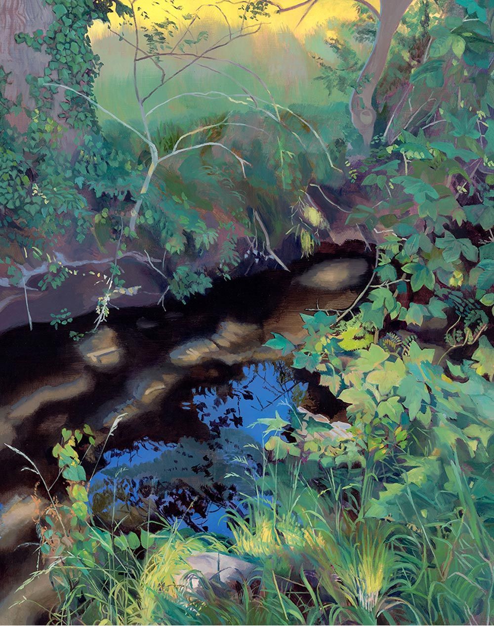Oil painting on wooden panel of tranquil, chalk stream seen through the undergrowth, dappled sunlight, reflections, undergrowth, vibrant greens, reflected blue sky and earthy tones.