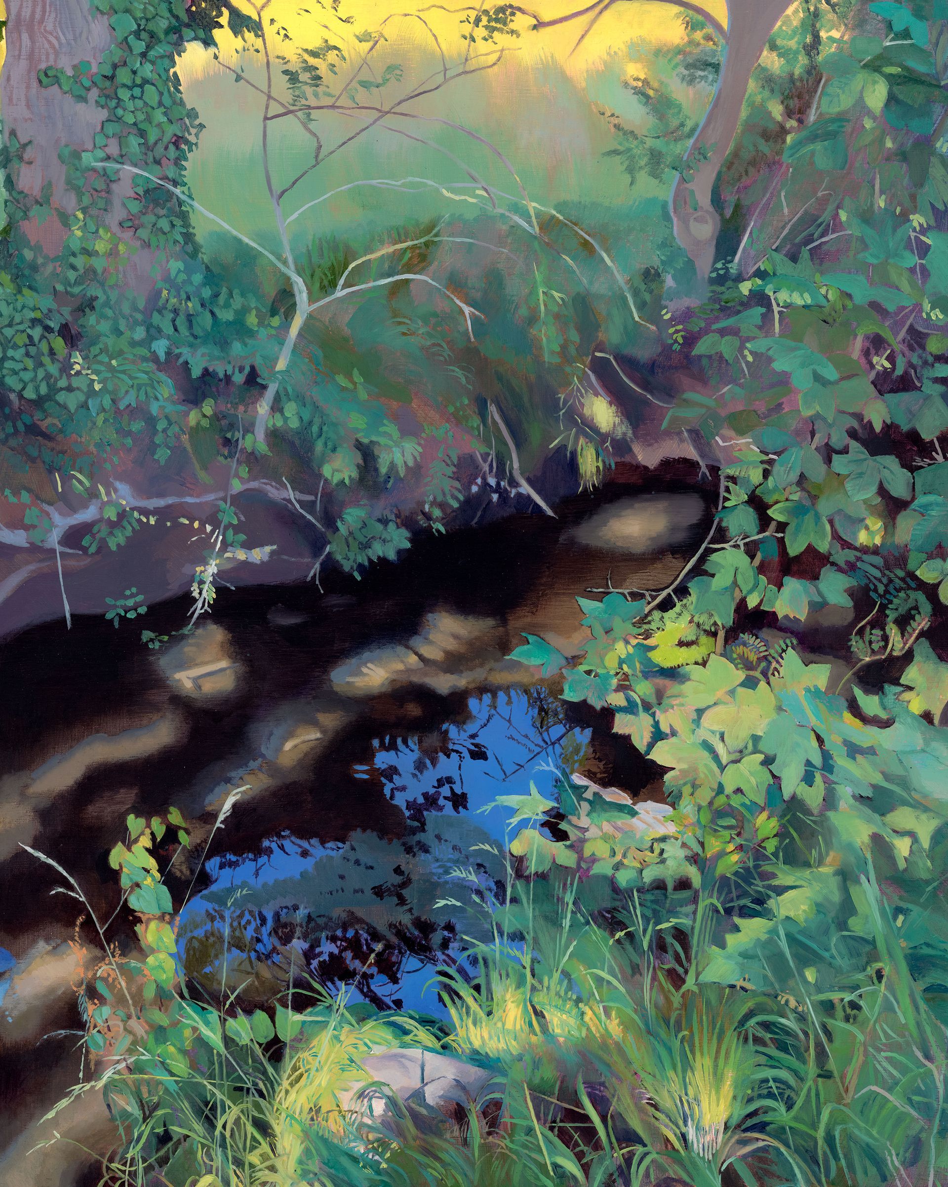 Oil painting on wooden panel of tranquil, chalk stream seen through the undergrowth, dappled sunlight, reflections, undergrowth, vibrant greens, reflected blue sky and earthy tones.