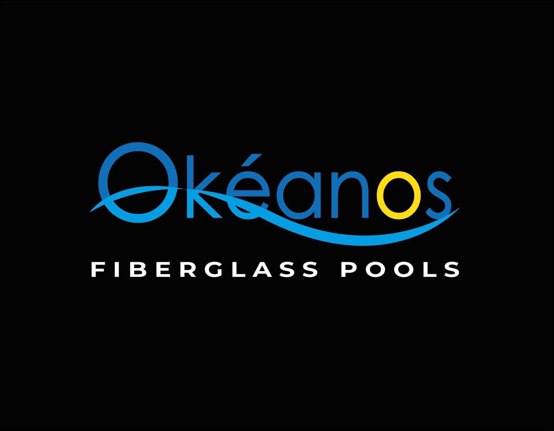 The logo for oceanos fiberglass pools is blue and yellow on a black background.