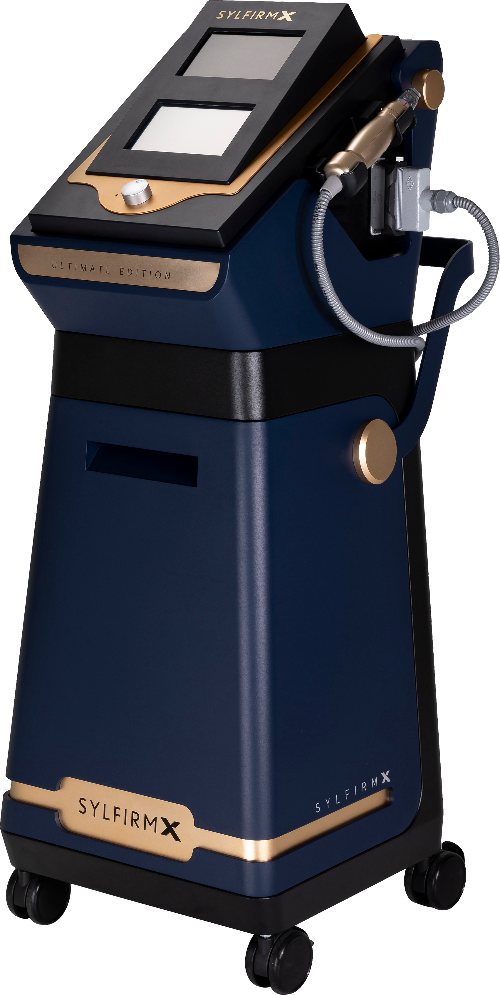 A blue and gold machine with wheels on a white background.