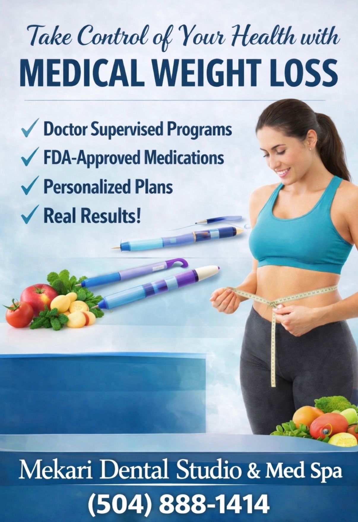 Advertisement for medical weight loss featuring a woman measuring her waist, fruits, and medical supplies.