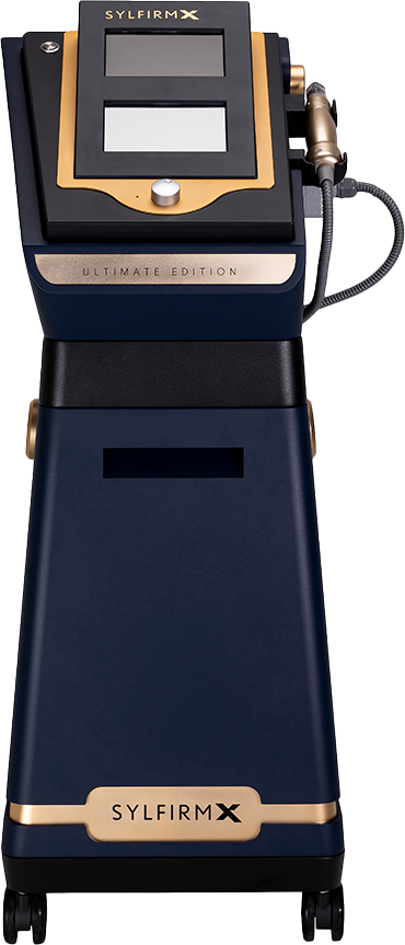 A blue and gold machine with wheels is on a white background.