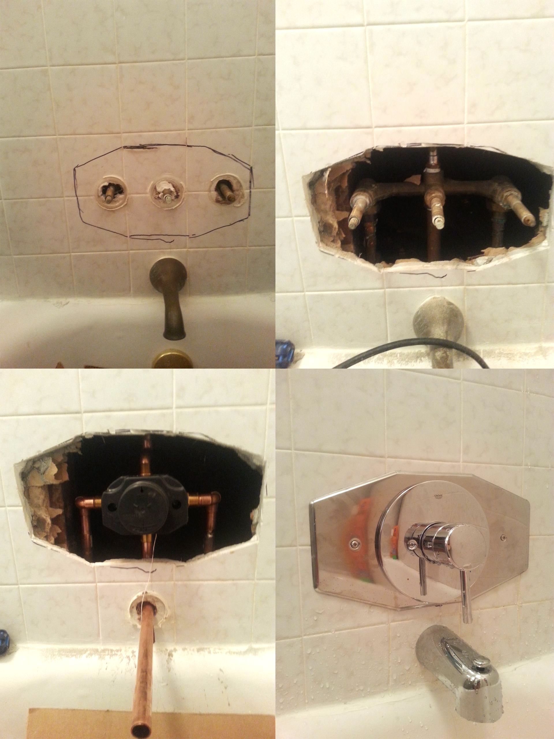 Bathroom tile repair: phases shown. Excavated wall exposes plumbing, then new valve installed, and finally, finished faucet.