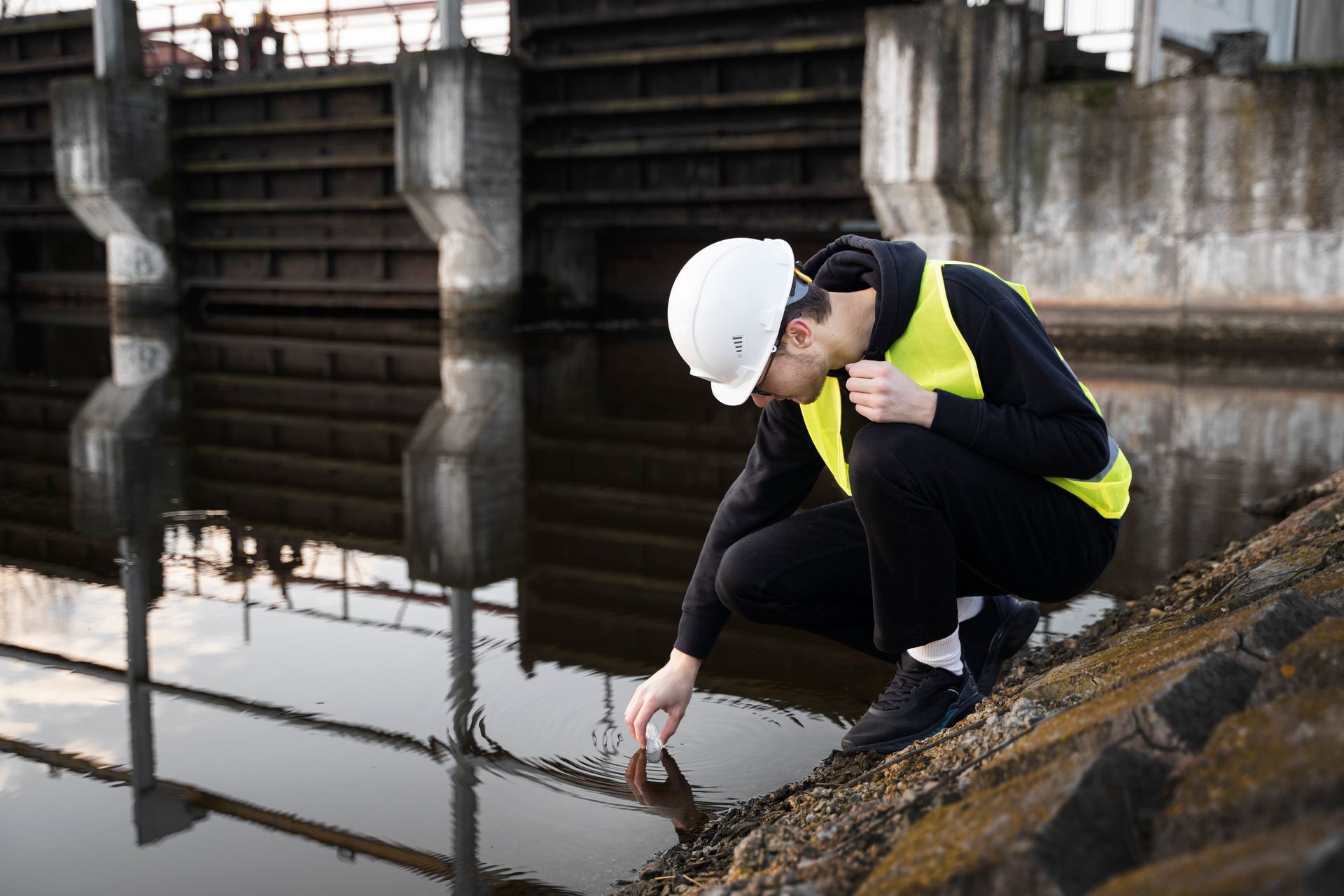 A man is taking a sample of water from a river.