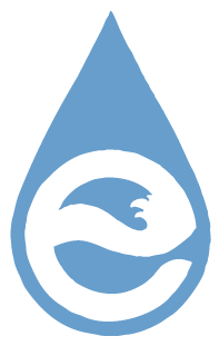 A blue drop of water with a white e inside of it.