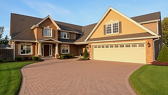 A large house with a brick driveway and a large garage.