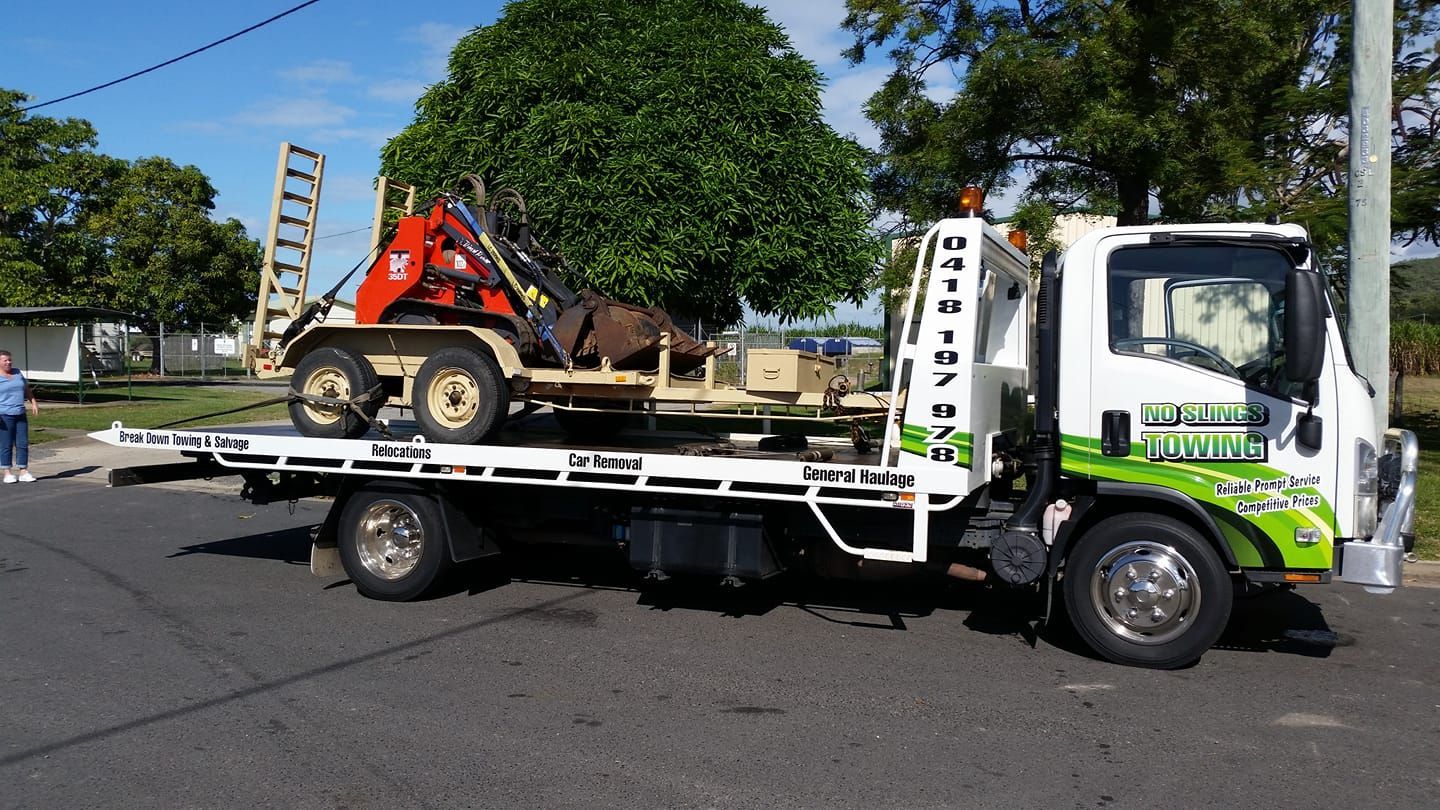 Flatbed Truck With a Small Excavator on the Back — No Slings Towing in Glendale, QLD