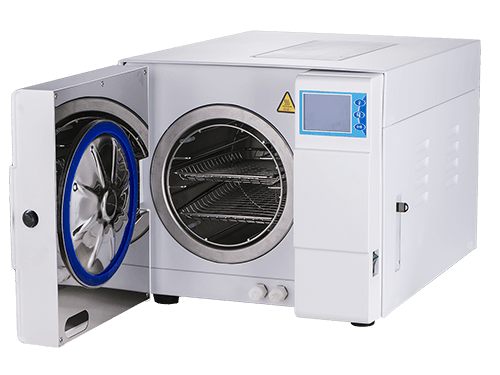 White autoclave machine with open door, showing chamber and trays. Control panel on the side.