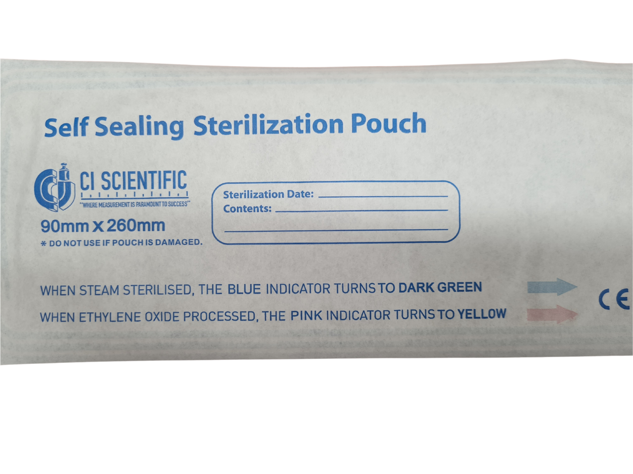 Photo of the back of sterilisation pouches with arrow indicators which change colour during sterilisation.