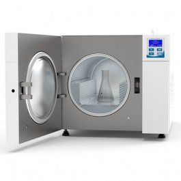 Sterilizer with open door; flask inside. White exterior, digital display, metal chamber, and a rack.