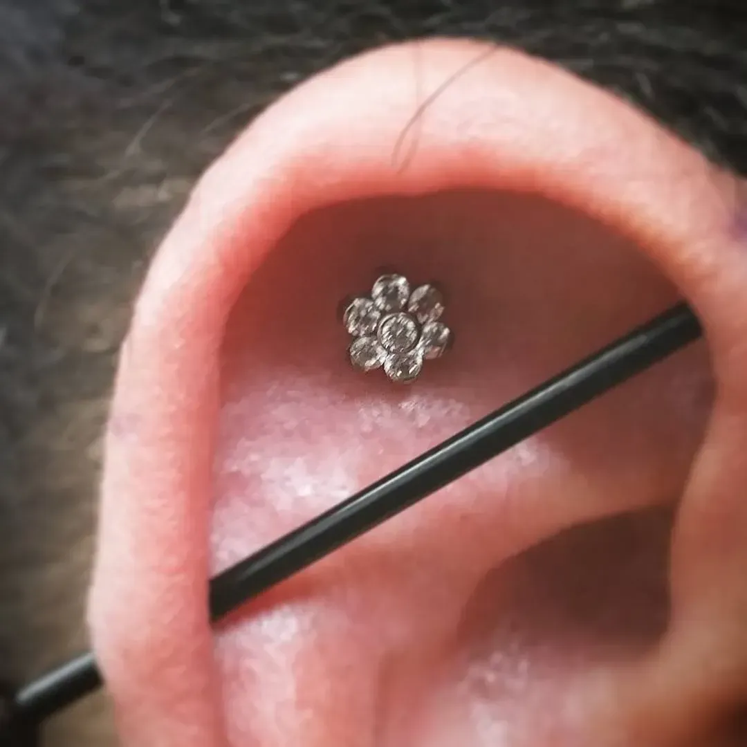 A close up of a person 's ear with a piercing in it