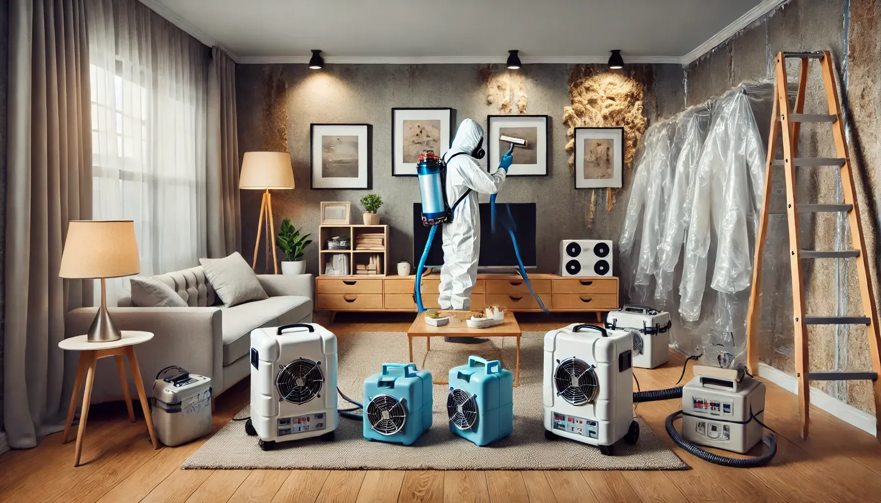 Mold Removal being performed in a lounge. You can see multiple machines for mold removal