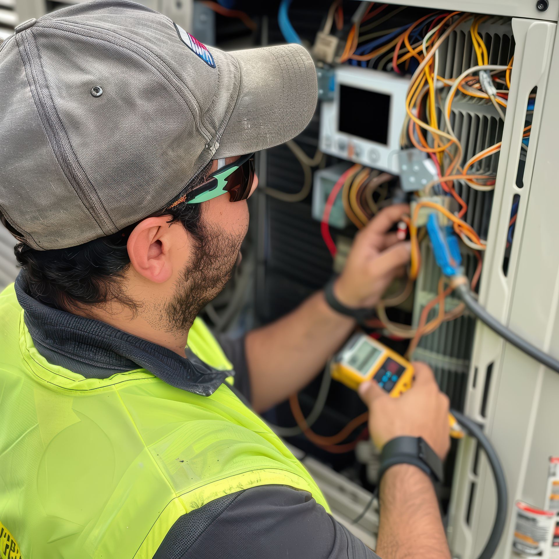 A man wearing a hat and sunglasses is working on a computer