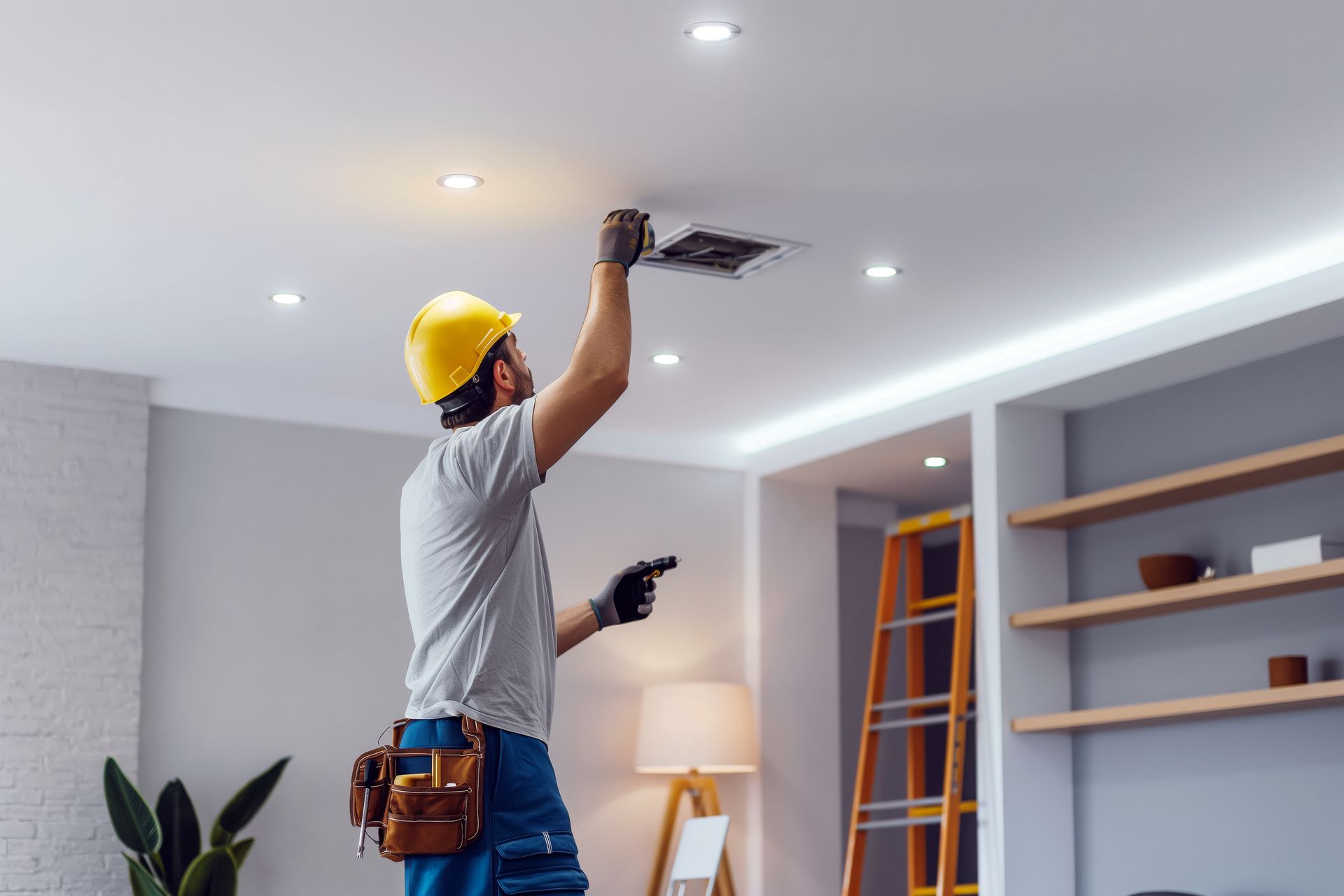 A man is working on the ceiling of a living room.