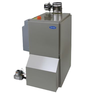 A Carrier brand modern residential boiler system used for heating.
