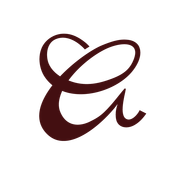 A stylized, dark red cursive letter