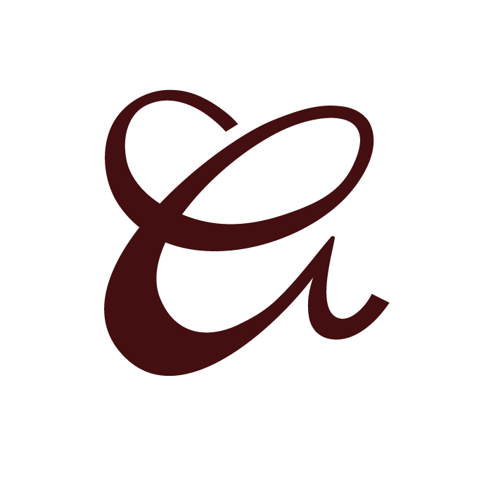 A stylized, dark red cursive letter 