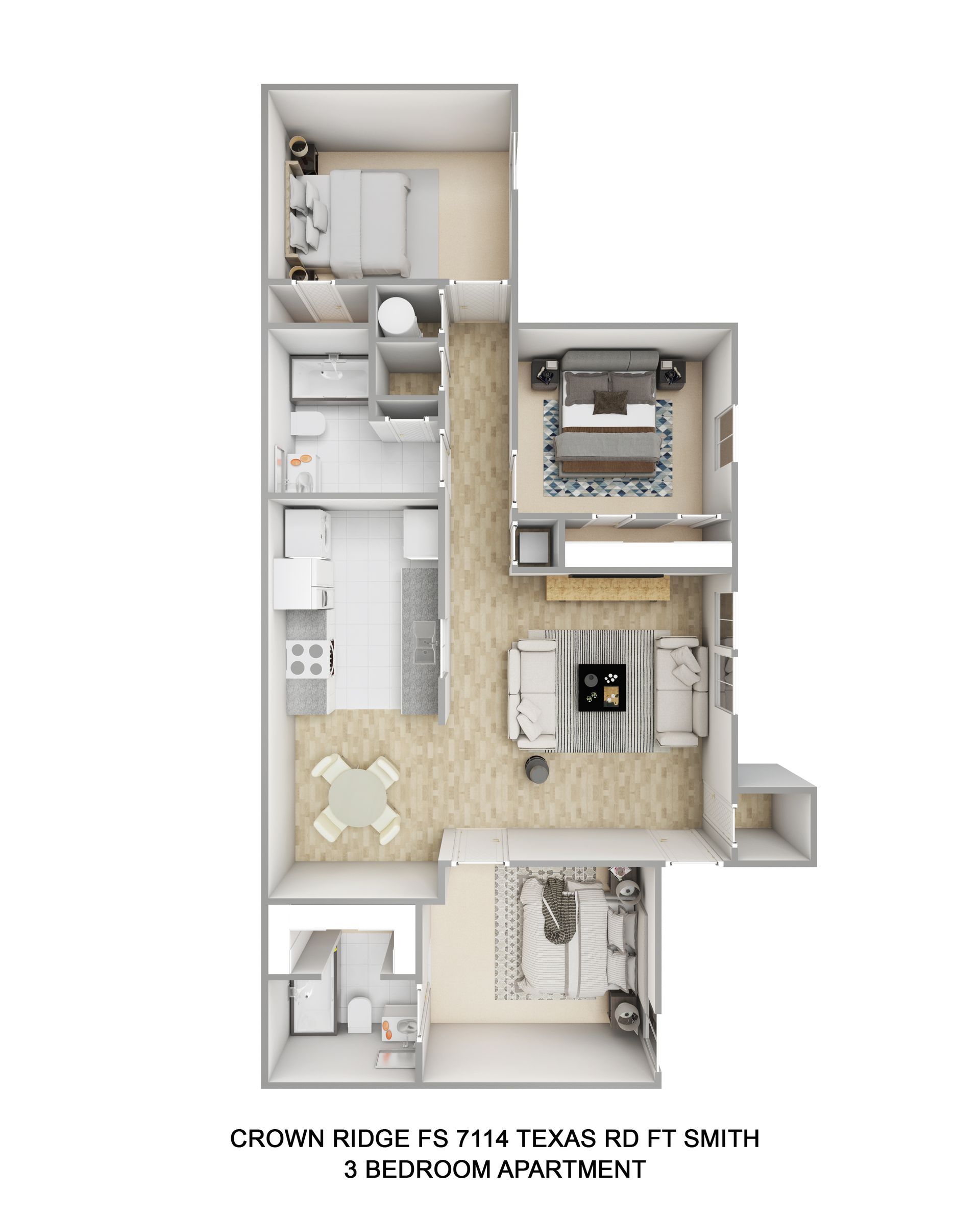 A 3d floor plan of a apartment with a bedroom , living room , and kitchen.