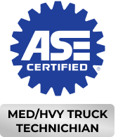 ASE Certified Med/Hvy Truck Technician badge logo in blue and gray