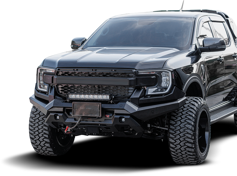 Black lifted off-road pickup truck with oversized tires and front winch on a white background