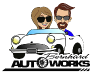 Bernhard Auto Works logo with a white car and two cartoon drivers wearing sunglasses
