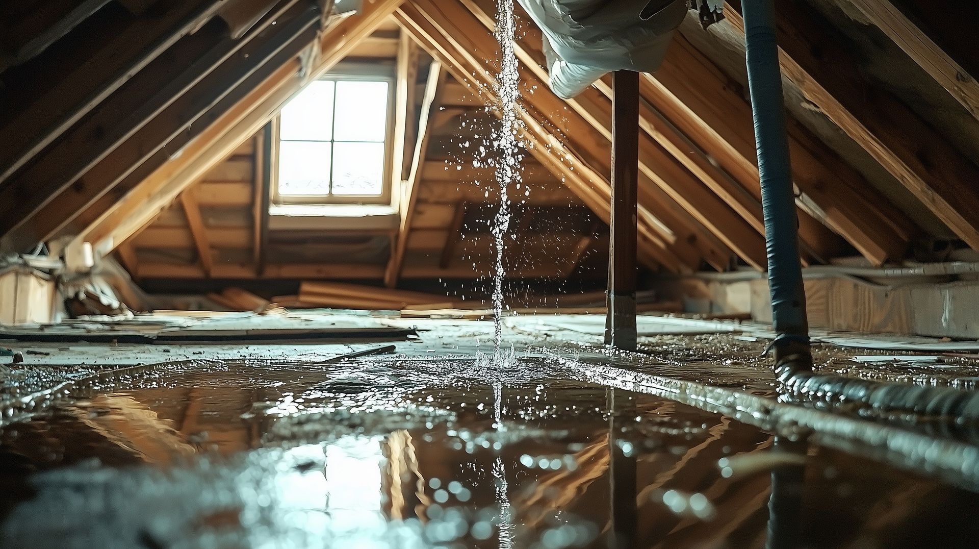 Wasser strömt aus einem Rohr in einem überfluteten Holzdachboden; im Hintergrund ein Fenster.