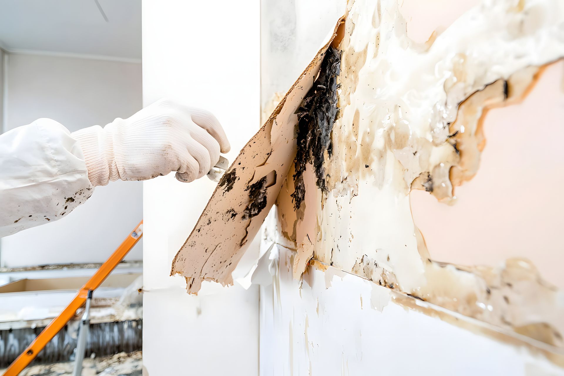 Person in Schutzkleidung reißt schimmelige Tapeten von einer Wand.