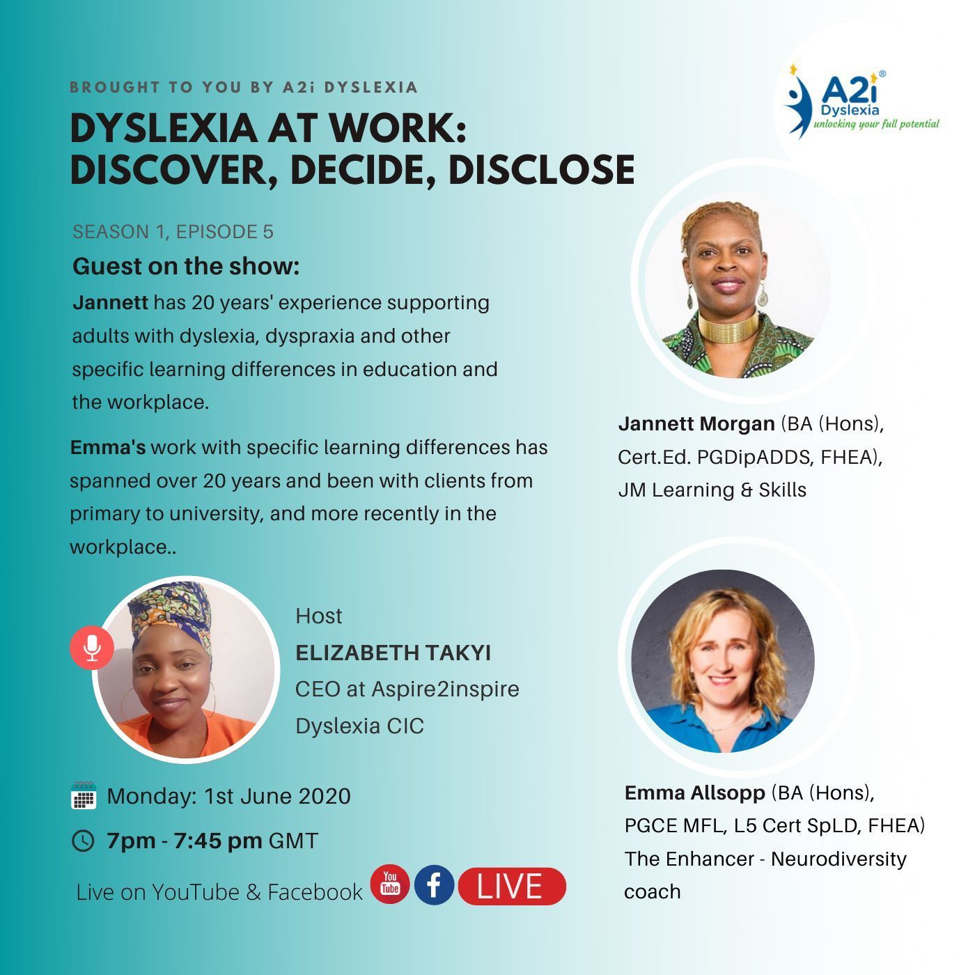 Interviewed by Elizabeth Tayki of the A2i Dyslexia Podcast on the topic of Dyslexia at Work: Discover, Decide, Disclose (June 2020).