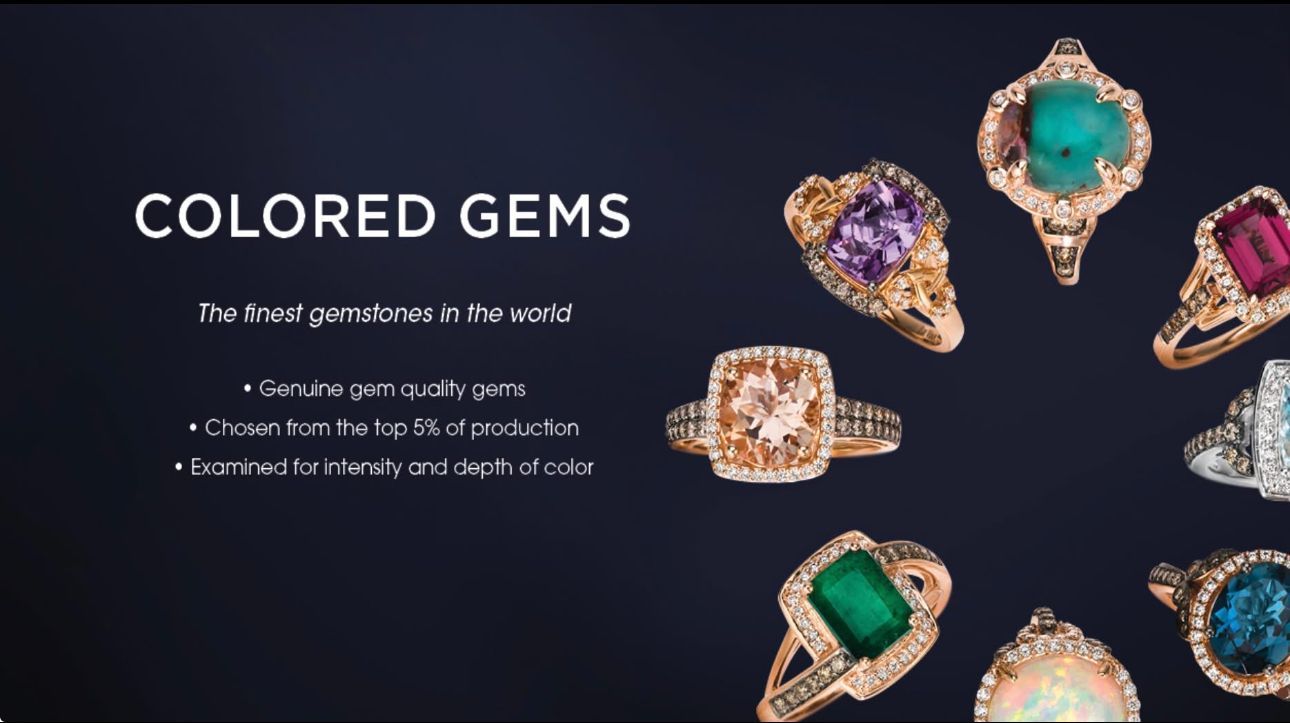 Colored gems slide with jewelry rings featuring gemstones in various colors.