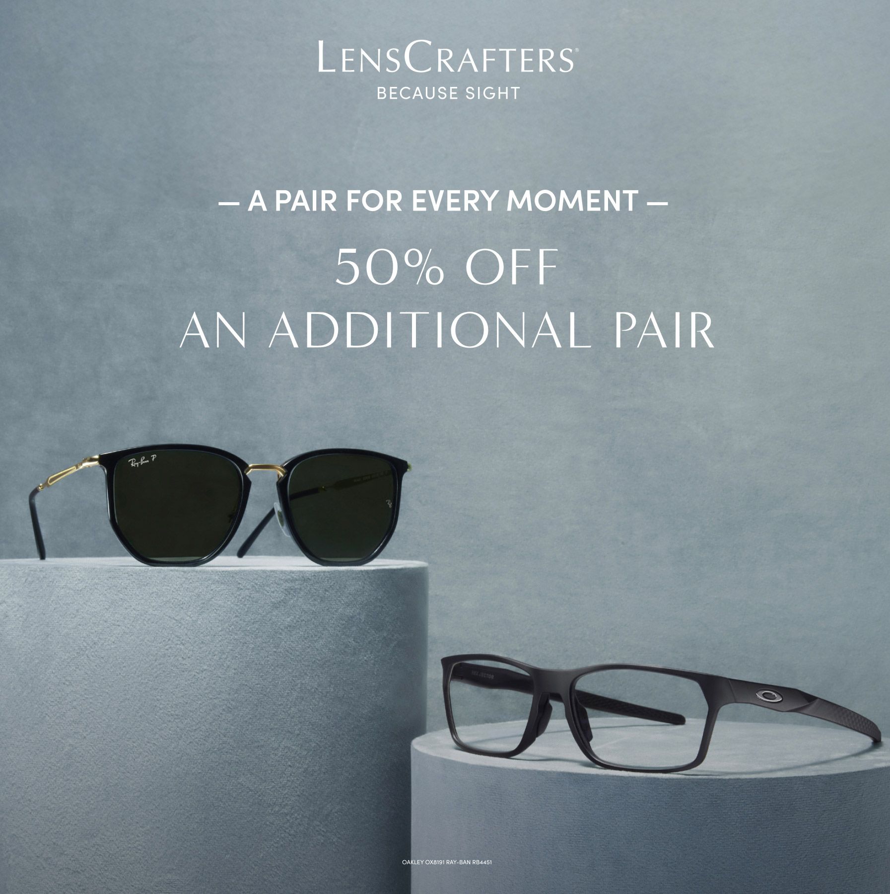 LensCrafters ad: black sunglasses and eyeglasses, 50% off an additional pair. Gray background.