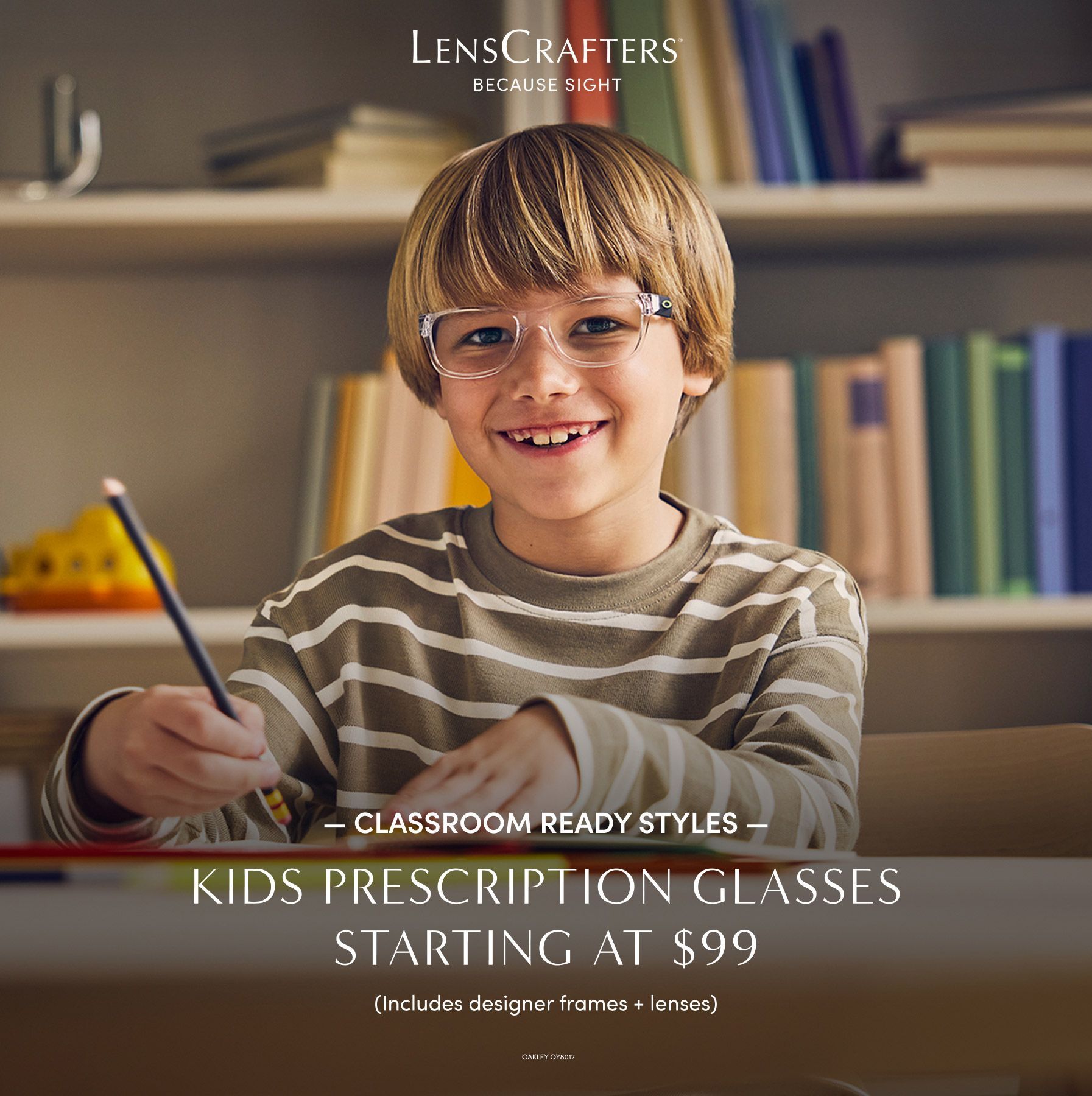 A smiling child in glasses holds a pencil in a classroom, advertising kids’ prescription glasses starting at $99.
