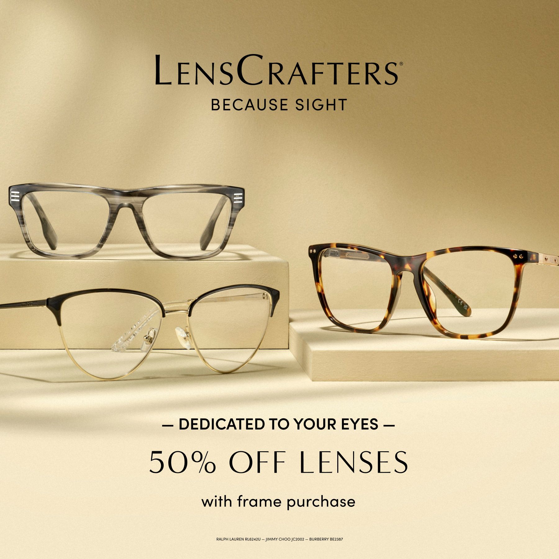 LensCrafters ad: eyeglasses with 50% off lenses with frame purchase.