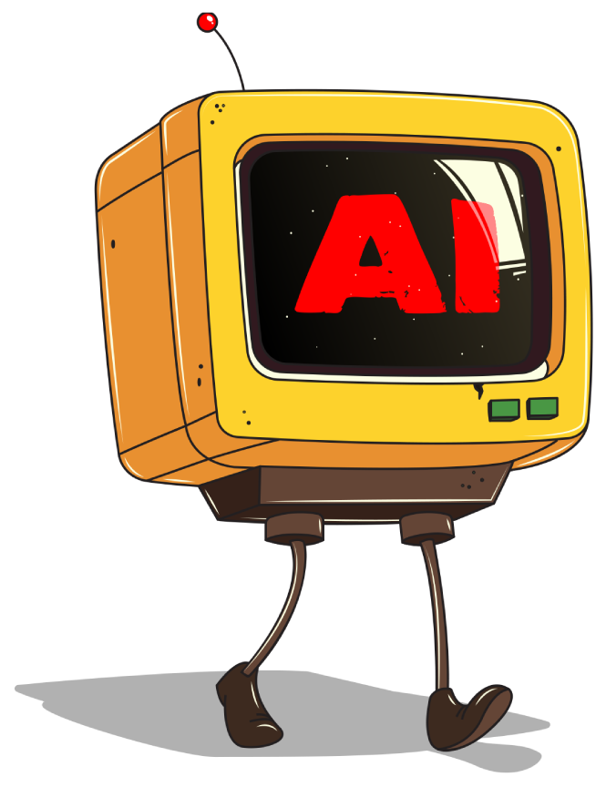 Yellow cartoon TV with “AI” on screen, walking on two legs, antenna on top.