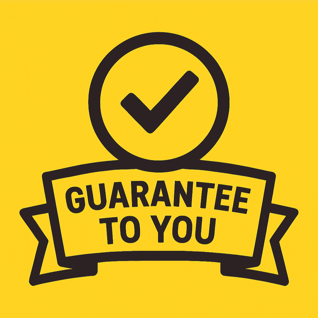 Yellow square with a black checkmark in a circle above a banner reading